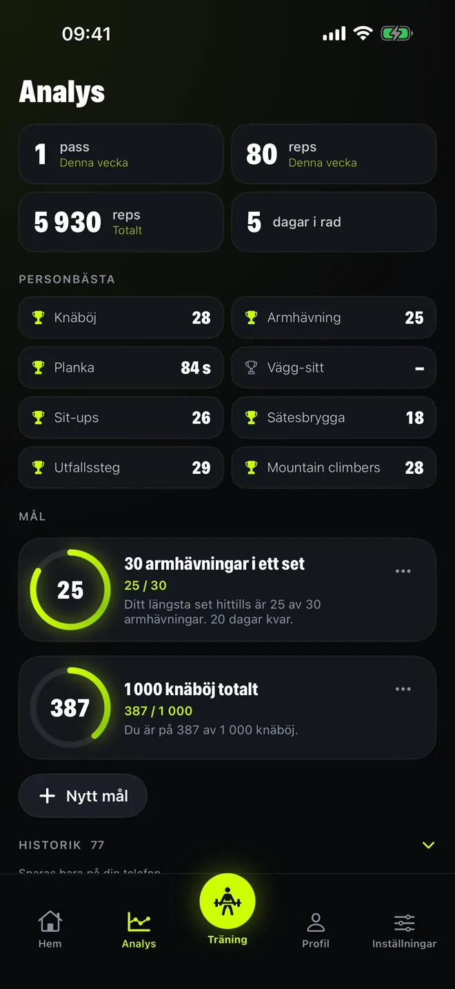 Analysskärmen med personbästa och mål