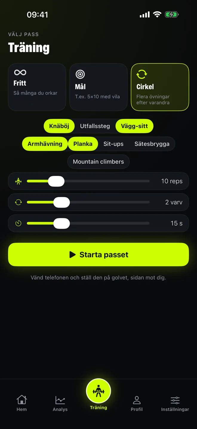 Passbyggaren där du väljer övningar, varv och vila